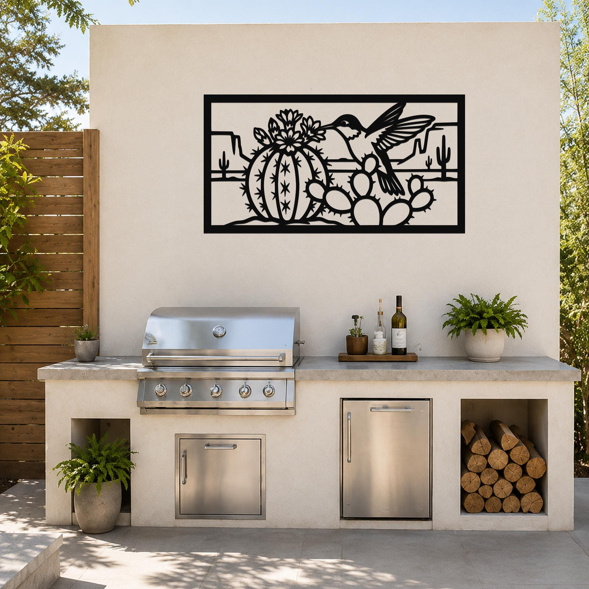 Desert Wildlife Art Metal Bird Sculpture: Southwest Botanical Scene, Weatherproof Metal (Indoor Outdoor Use, Nature Inspired Wall Decor)