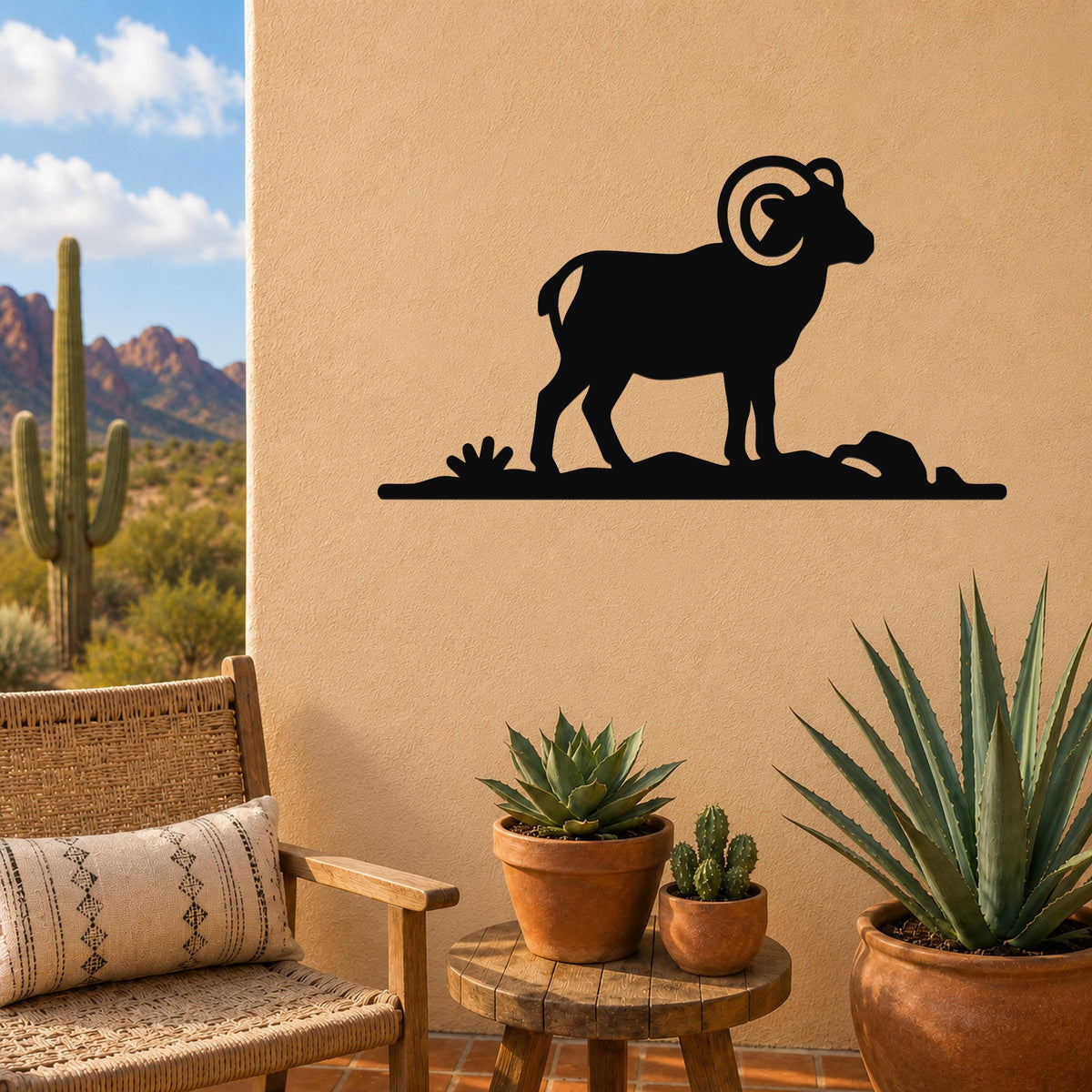 Bighorn Sheep Metal Wall Art: Western Rustic Mountain Silhouette, Steel Craft (Weatherproof, Indoor Outdoor Decor)