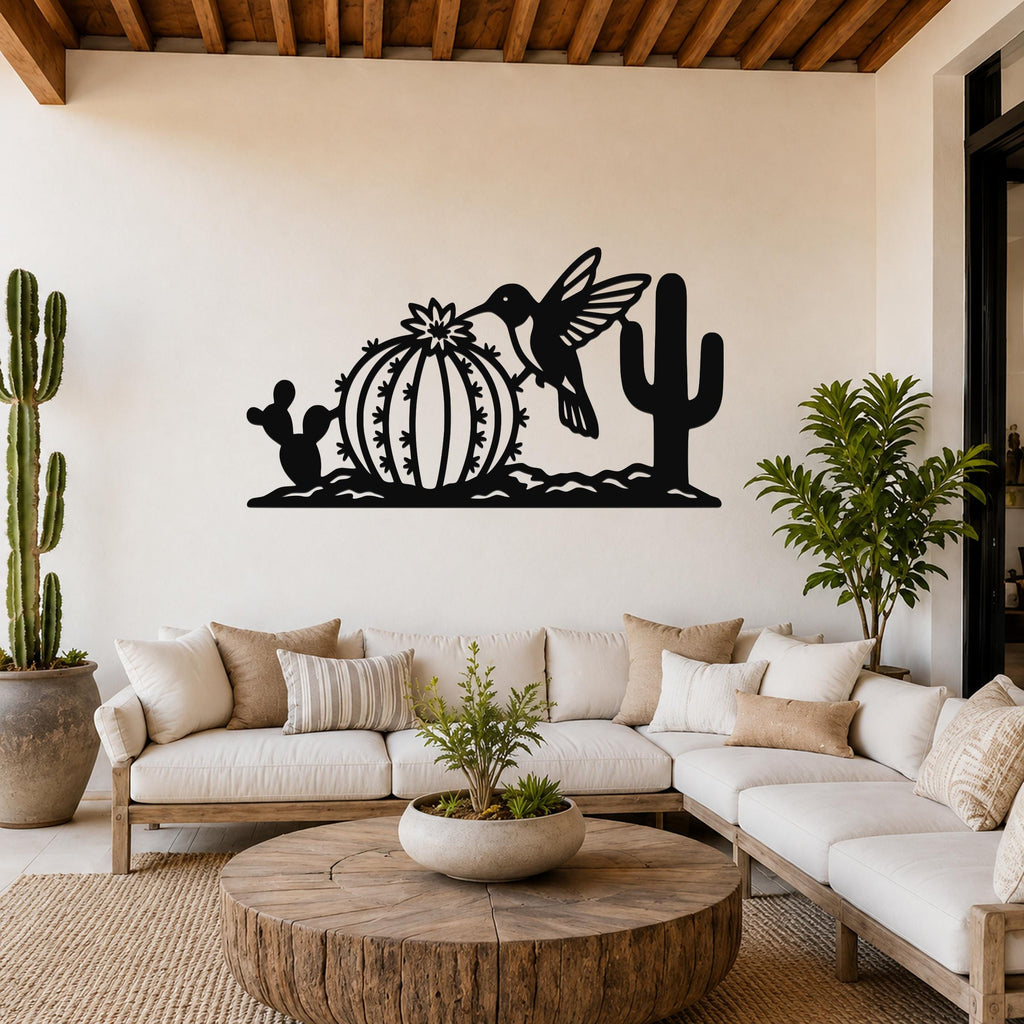 Southwestern Decor Metal Wall Art - Desert Wildlife Sculpture Hummingbird And Barrel Cactus, Weatherproof, Indoor Outdoor Accent