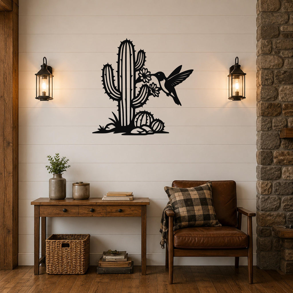 Southwestern Decor Metal Wall Art - Sonoran Desert Scene with Layered Cactus and Hummingbird - Weatherproof Steel, Indoor Outdoor Display