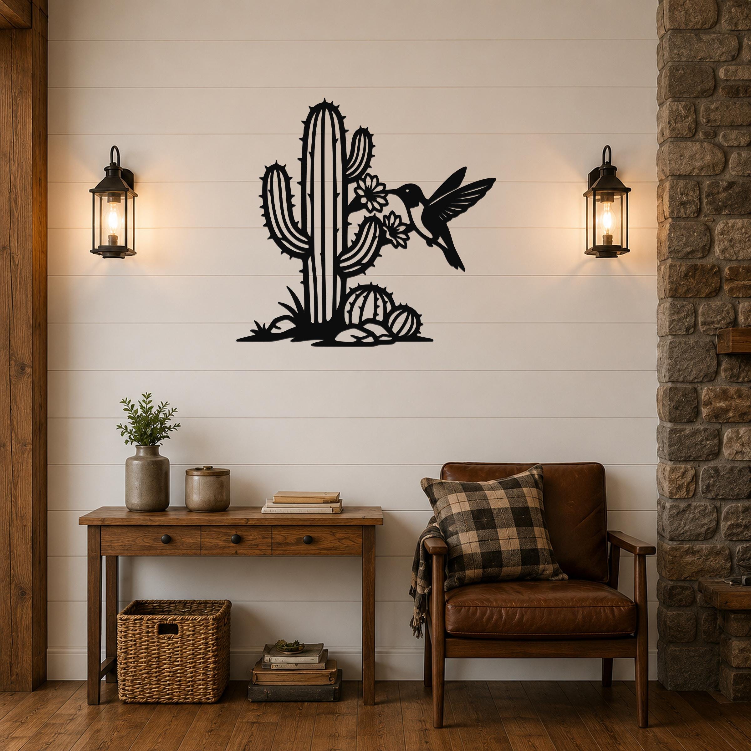 Southwestern Decor Metal Wall Art - Sonoran Desert Scene with Layered Cactus and Hummingbird - Weatherproof Steel, Indoor Outdoor Display