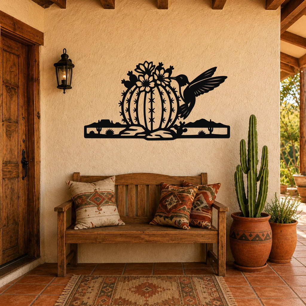 Barrel Cactus Metal Wall Art Desert Life Sculpture, Hummingbird Detail (Weatherproof Steel, Indoor Outdoor, Southwestern Style)