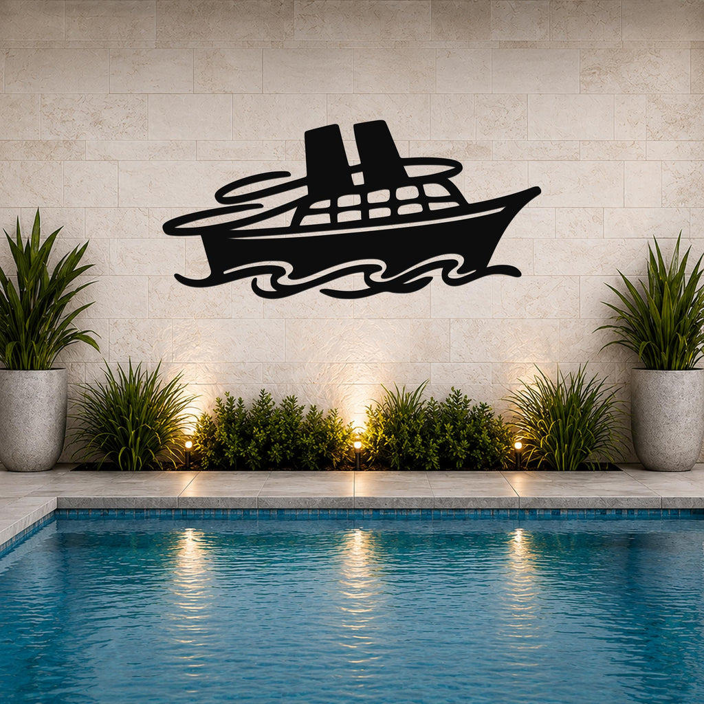 Cruise Ship Metal Wall Art: Minimal Coastal Silhouette, Powder-Coated Steel, Weatherproof | Indoor Outdoor, Nautical Decor