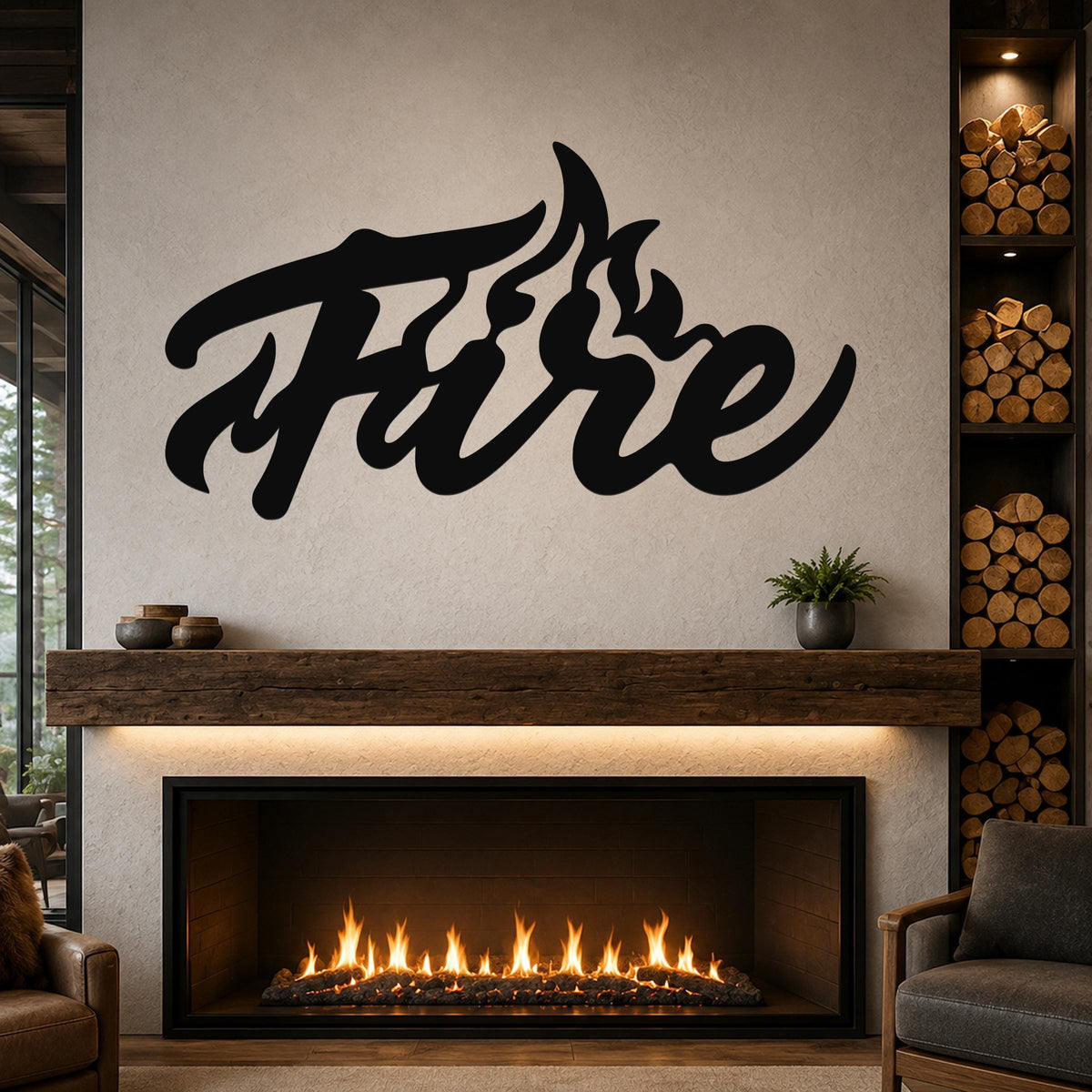 Black metal wall art with the word "Fire" in a flowing script, featuring flame-like cutouts, mounted above a fireplace in a living room.