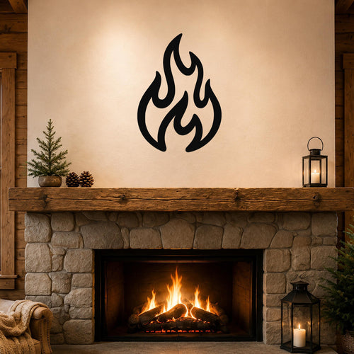 Black metal flame wall art with flowing, abstract cutout shapes, mounted above a stone fireplace in a rustic living room.