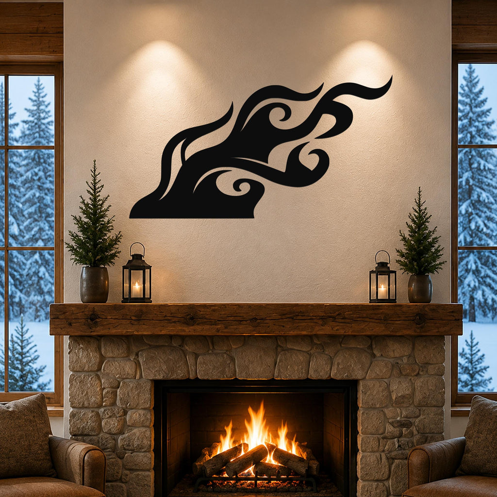 Black metal flame wall art with flowing swirl cutouts, mounted above a stone fireplace in a cozy living room.
