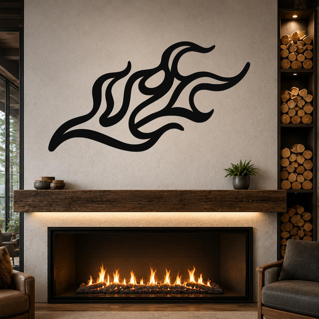 Black metal flame wall art with flowing, abstract cutouts, mounted above a fireplace in a living room.