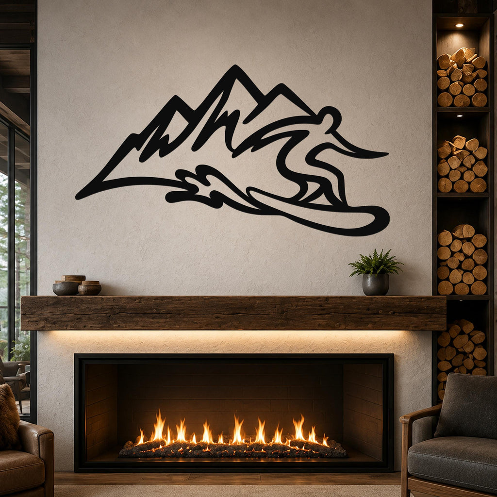 Black metal wall sculpture of a snowboarder in motion above a fireplace, mounted on a textured wall in a living room.