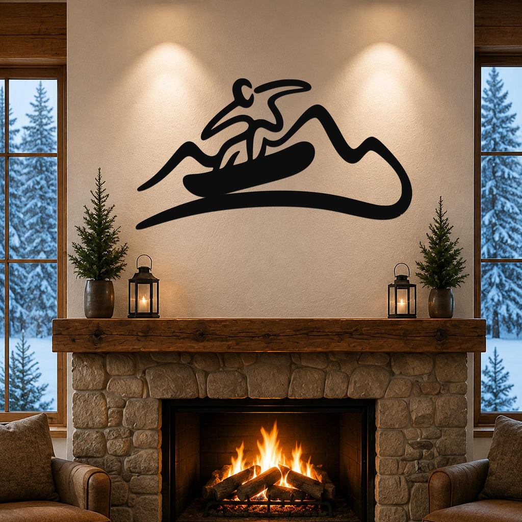 Black metal wall art with a snowboarder silhouette above a stone fireplace in a cozy living room.