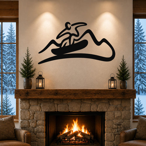 Black metal wall art with a snowboarder silhouette above a stone fireplace in a cozy living room.