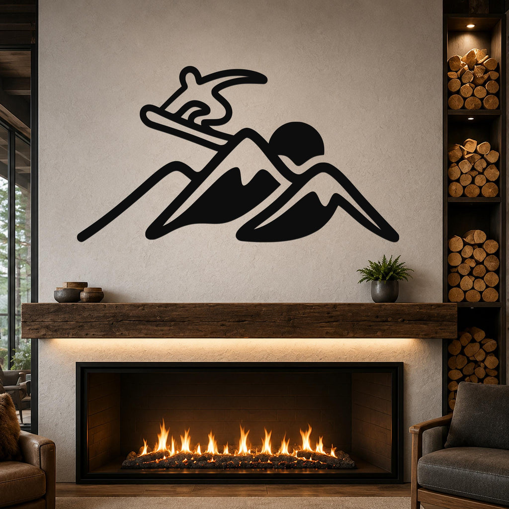 Black metal wall art with a snowboarder silhouette above a mountain range, mounted above a fireplace in a living room.
