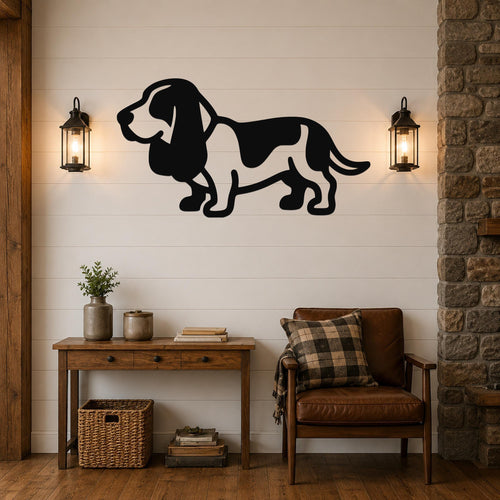 Black metal Basset Hound wall art silhouette mounted on a shiplap wall above a wooden console table in a living room.