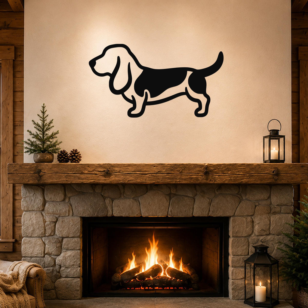 Black metal Basset Hound silhouette wall art mounted above a stone fireplace in a rustic living room.