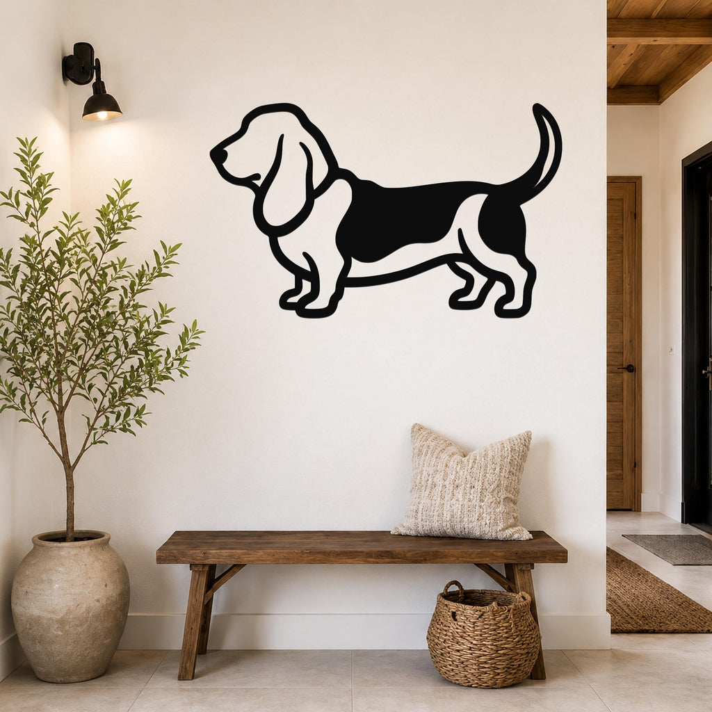 Black metal Basset Hound wall art silhouette mounted on a white wall above a wooden bench in a hallway.