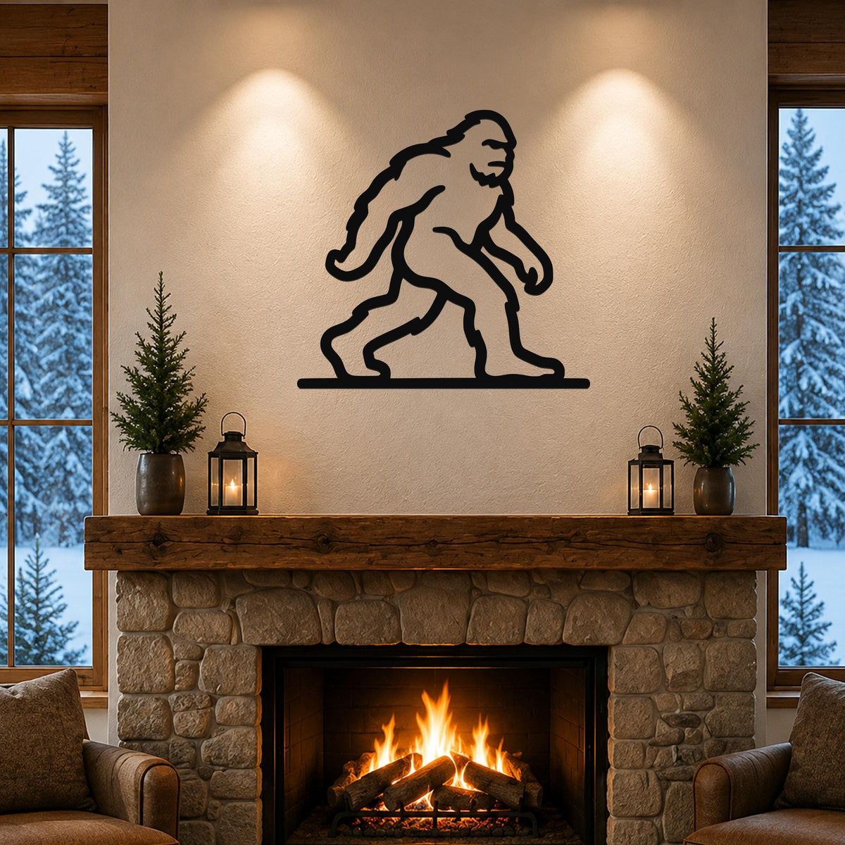 Black metal Bigfoot wall art silhouette mounted above a stone fireplace in a cozy living room with snow outside.