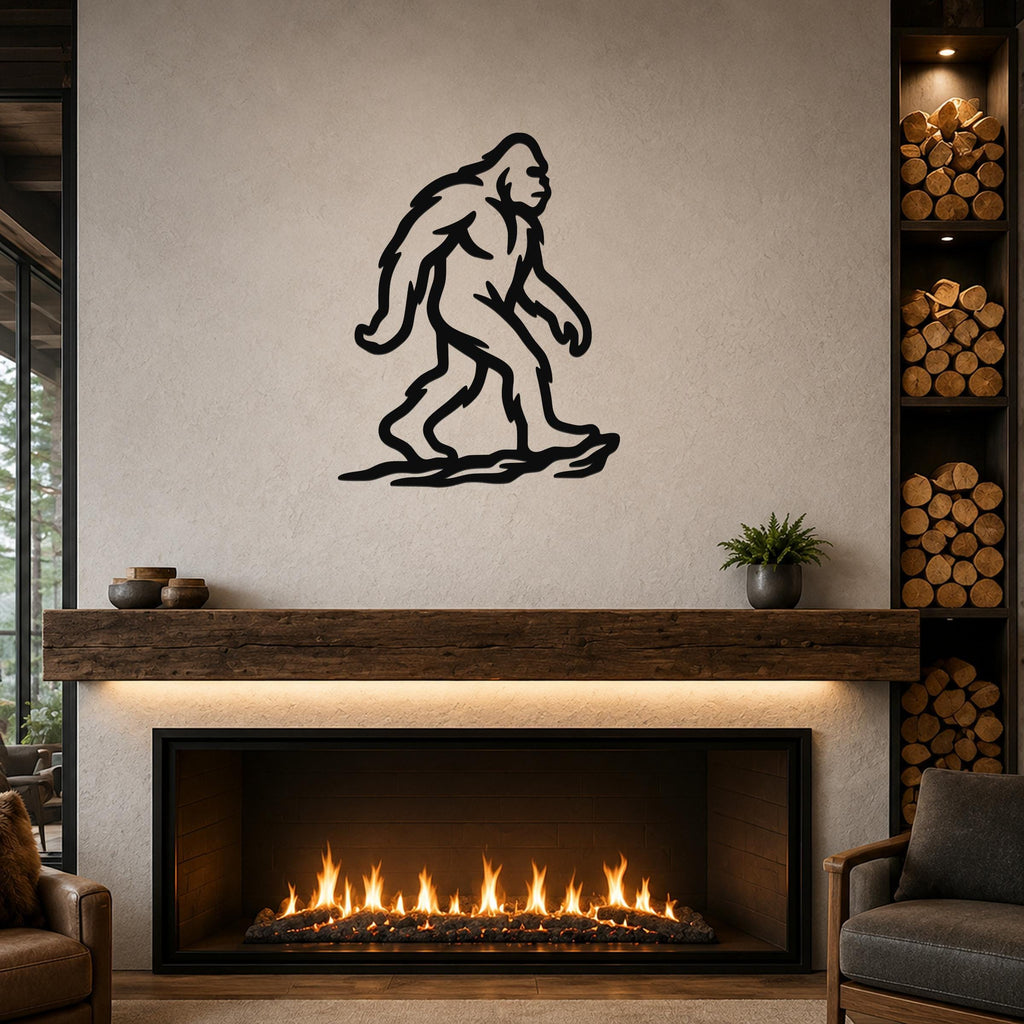 Black metal Bigfoot silhouette wall art mounted above a fireplace in a rustic living room.