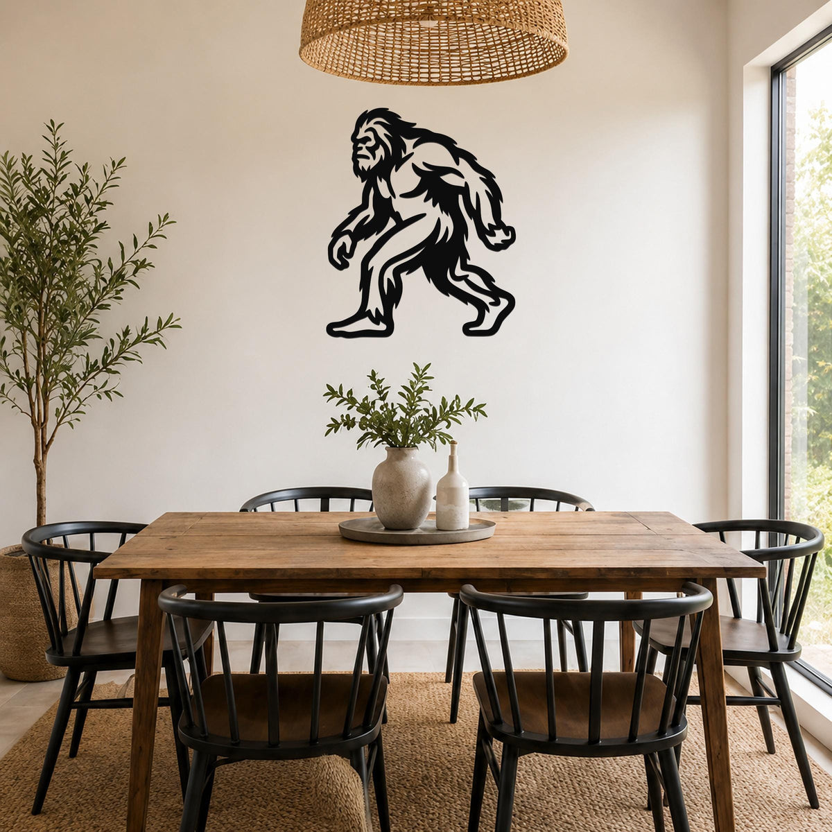 Black metal Bigfoot silhouette wall art mounted on a white wall above a wooden dining table in a bright, modern dining room.