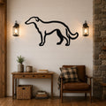 Black metal Borzoi dog wall art silhouette mounted on a shiplap wall above a wooden console table in a living room.
