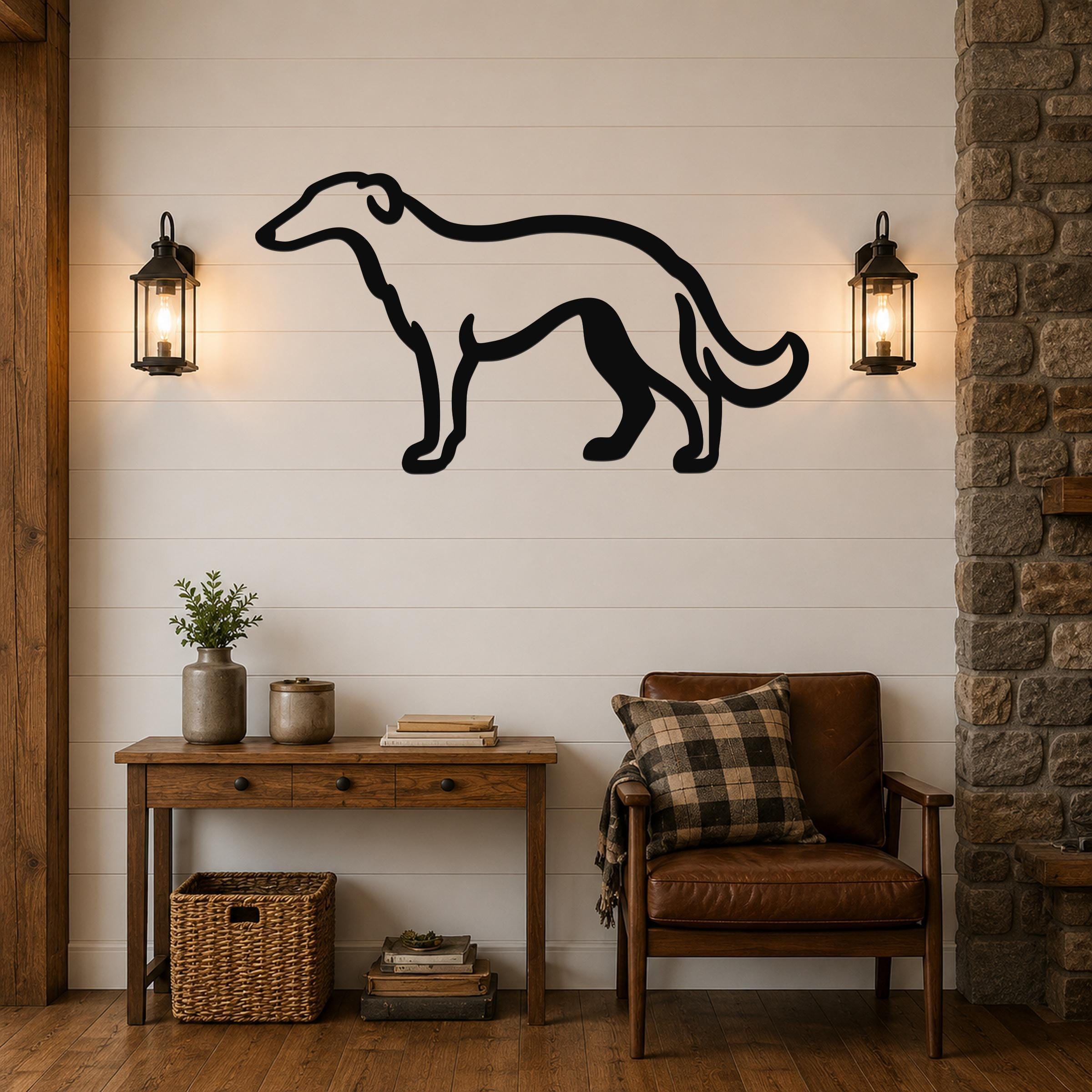 Black metal Borzoi dog wall art silhouette mounted on a shiplap wall above a wooden console table in a living room.
