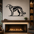 Black metal Borzoi dog wall art with flowing motion-line cutouts, mounted above a fireplace in a living room.