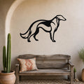 Black metal Borzoi dog wall art silhouette mounted on a beige stucco wall above a rustic wooden bench in a patio setting.