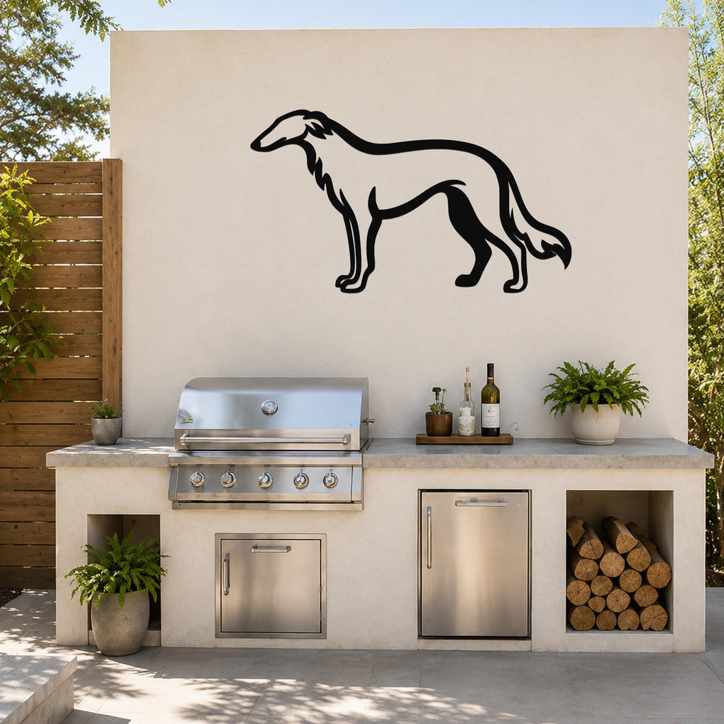 Black metal Borzoi dog silhouette wall art mounted on an outdoor kitchen wall above a stainless steel grill and counter.