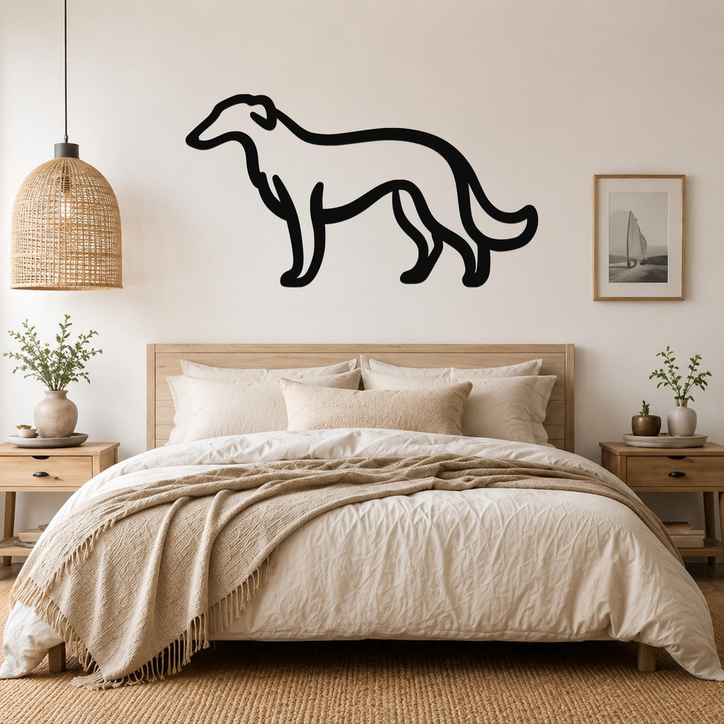 Black metal Borzoi dog wall art silhouette mounted above a wooden bed in a neutral bedroom.