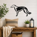 Black metal Borzoi dog wall art with a graceful silhouette and internal motion lines, mounted on a white shiplap wall above a wooden bench in a living room.