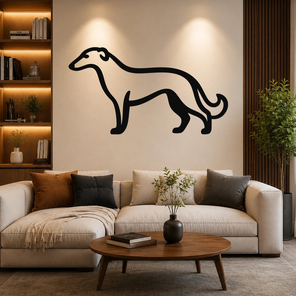 Black metal Borzoi dog wall art silhouette mounted above a beige sofa in a living room.
