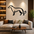 Black metal Borzoi dog wall art silhouette mounted above a beige sofa in a living room.