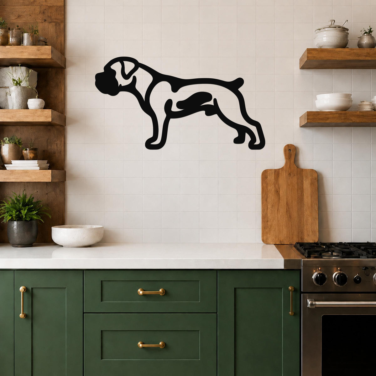 Black metal Boxer dog wall art silhouette with internal cutouts, mounted on a white tiled kitchen wall above a counter.