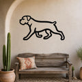 Black metal Boxer dog silhouette wall art mounted on a stucco wall above a wooden bench in a rustic patio setting.