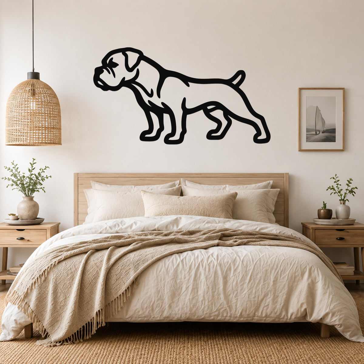Black metal Boxer dog wall art silhouette mounted above a bed in a neutral bedroom.