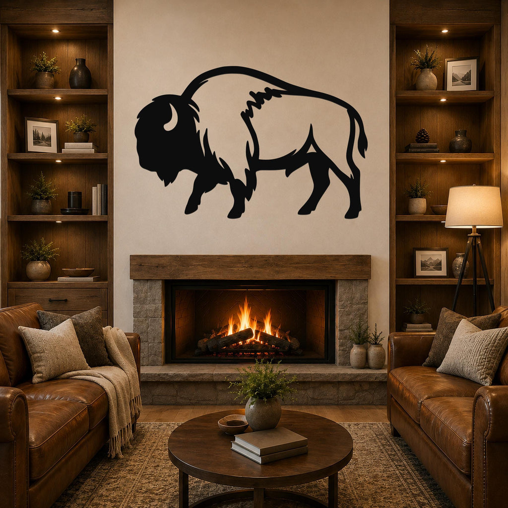 Black metal buffalo wall art silhouette mounted above a stone fireplace in a living room with leather sofas and wooden bookshelves.