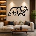 Black metal bulldog wall art in a bold silhouette, mounted on a living room wall above a beige sofa.