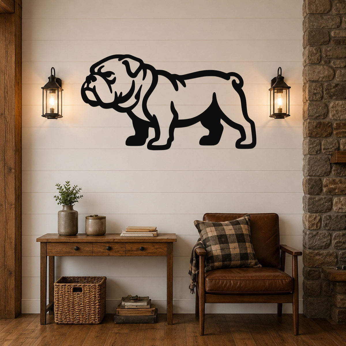 Black metal bulldog wall art in silhouette style, mounted on a shiplap wall above a wooden console table in a living room.