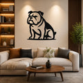 Black metal bulldog wall art silhouette mounted above a beige sofa in a living room with warm lighting and wooden accents.