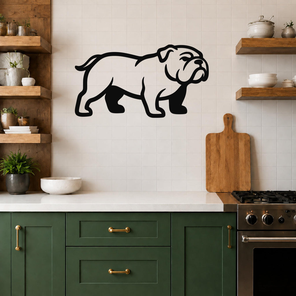 Black metal bulldog wall art silhouette mounted on a white tiled kitchen wall above a counter.