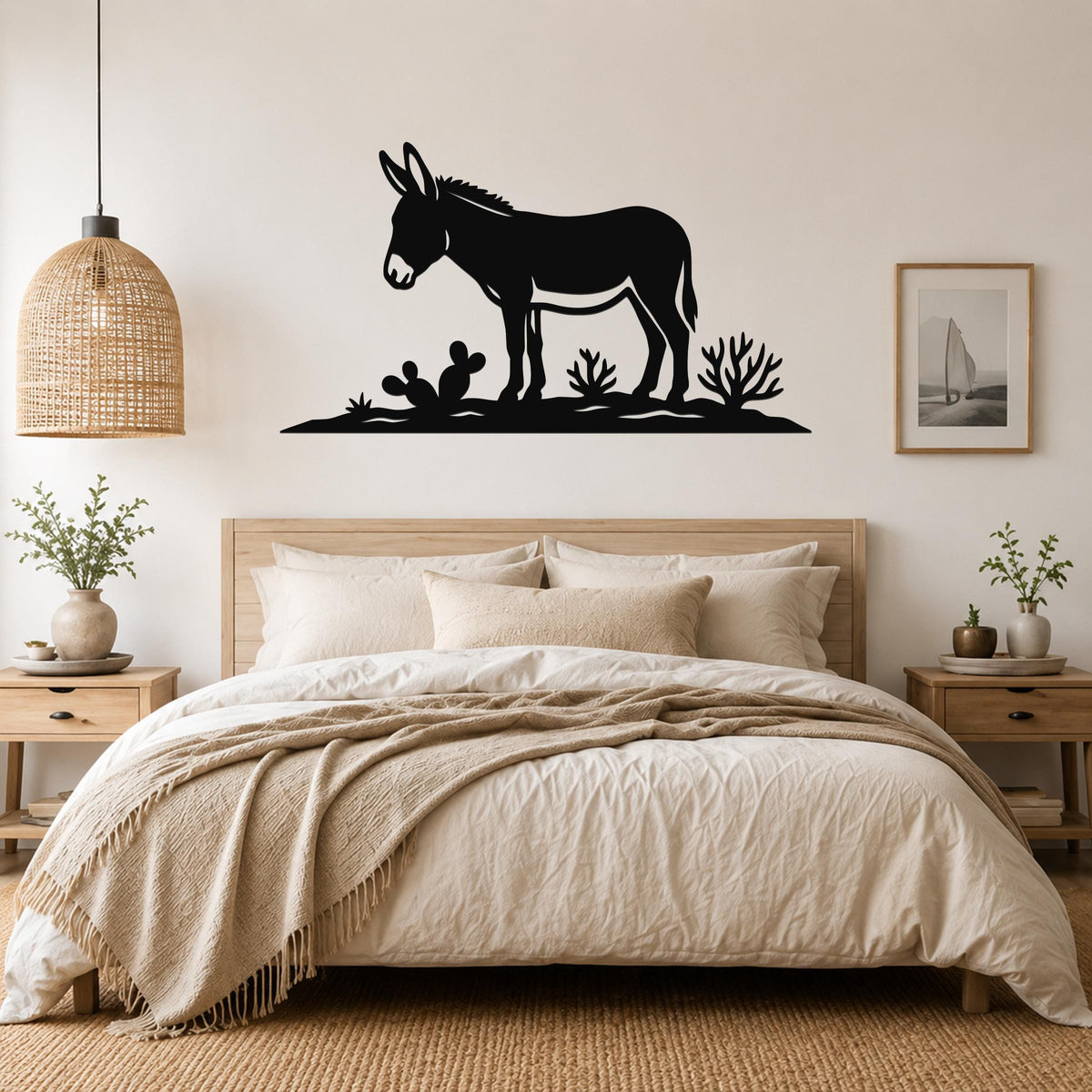 Black metal burro wall art silhouette with cactus and desert plants, mounted above a bed in a neutral bedroom.