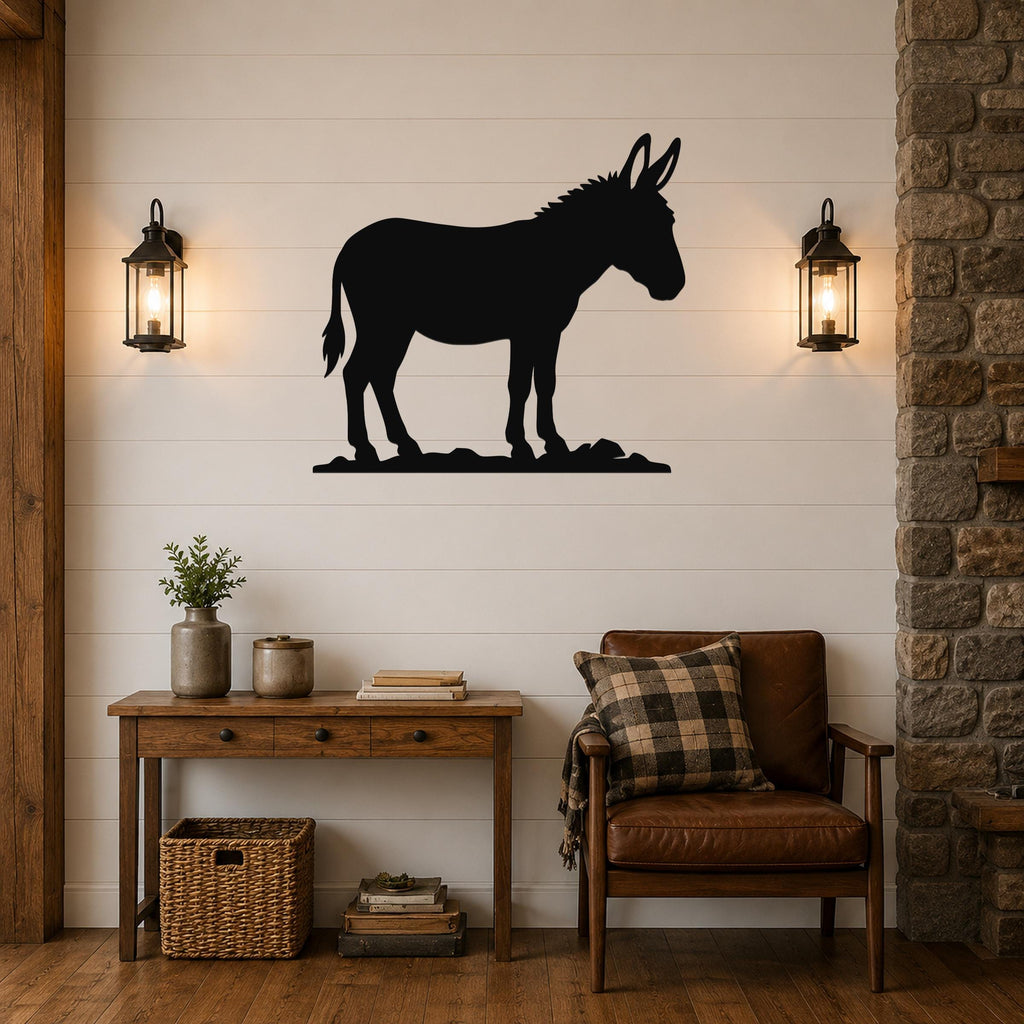 Black metal donkey silhouette wall art mounted on a white shiplap wall above a wooden console table in a rustic living room.