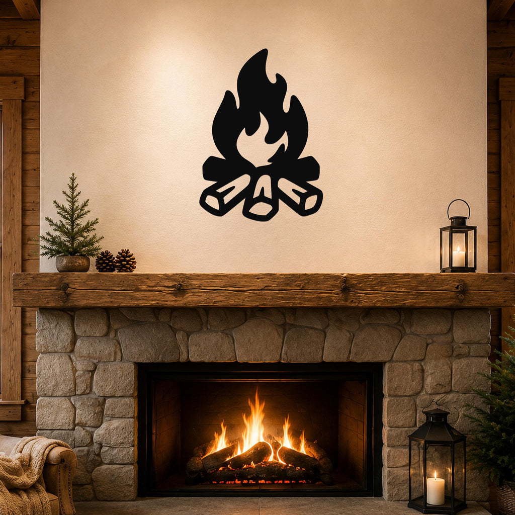 Black metal campfire wall art with flame and log silhouette, mounted above a stone fireplace in a rustic living room.