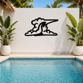 Black metal wall art in a cloud silhouette design, mounted on a white outdoor wall above a pool, flanked by potted plants.