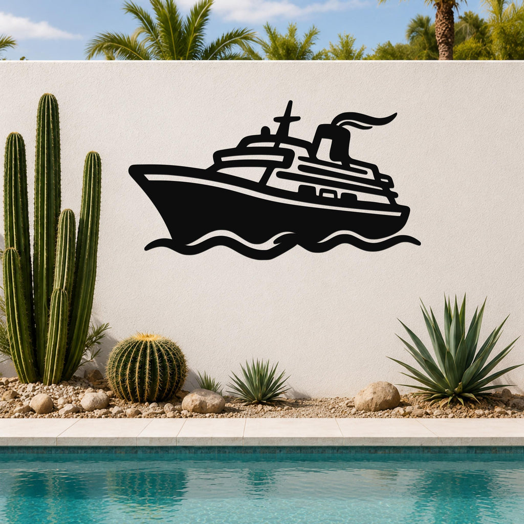 Black metal wall art cutout of a cruise ship with wave lines, mounted on a white outdoor wall above a pool with cacti and palm trees in the background.