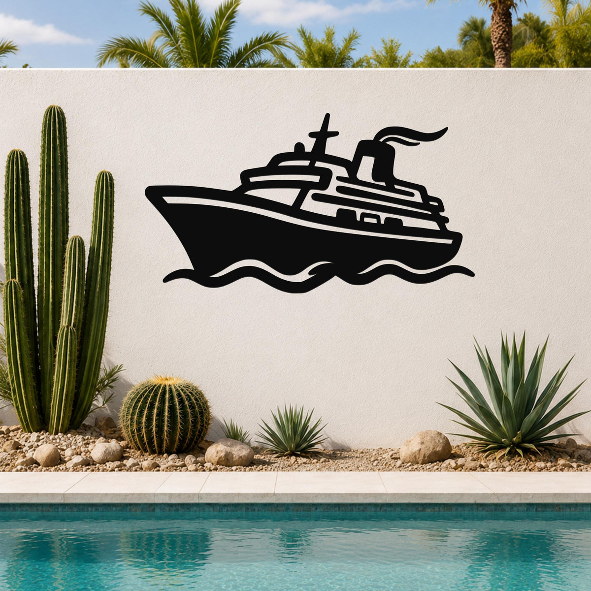 Black metal wall art cutout of a cruise ship with wave lines, mounted on a white outdoor wall above a pool with cacti and palm trees in the background.