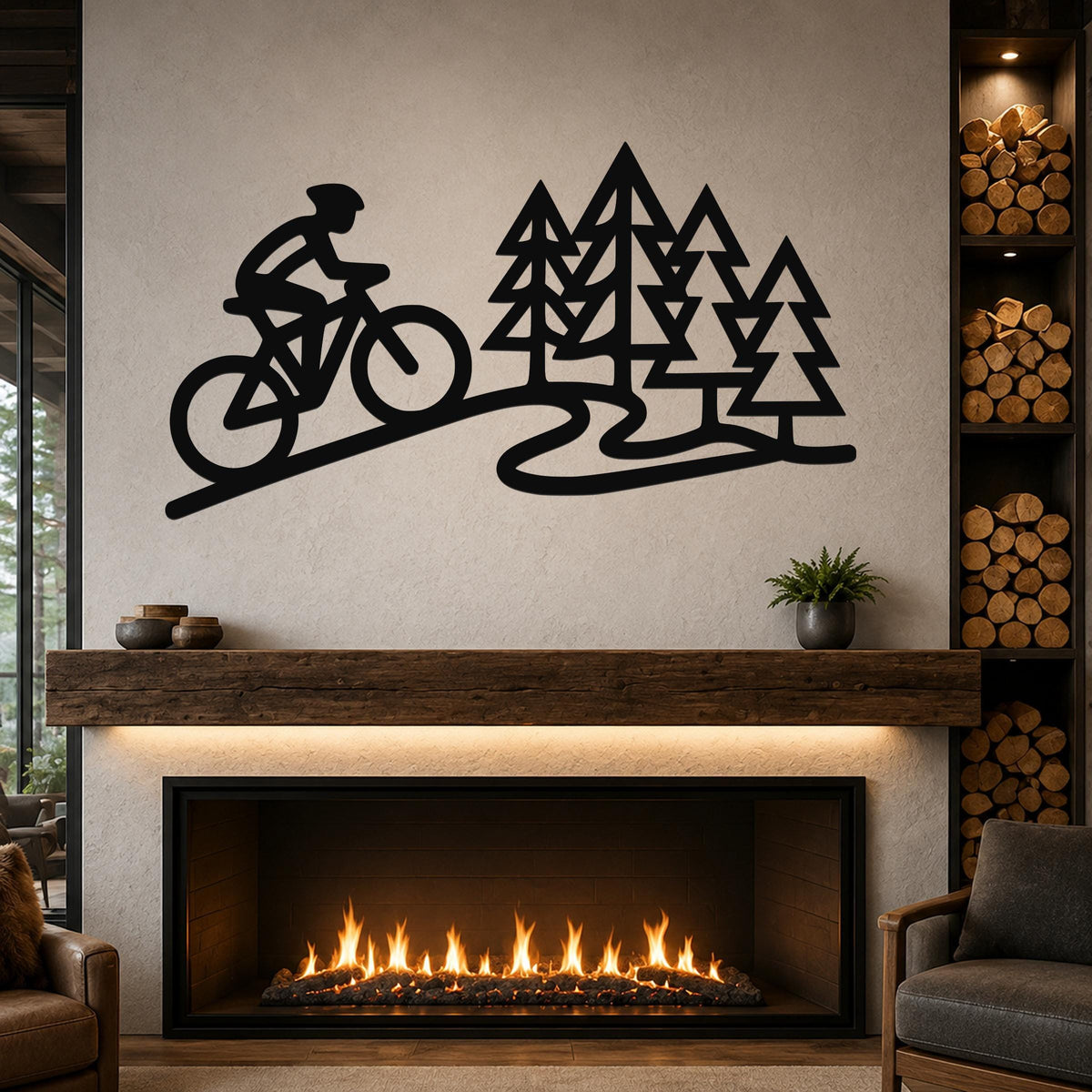 Black metal wall art silhouette of a cyclist on a trail with pine trees, mounted above a fireplace in a living room.