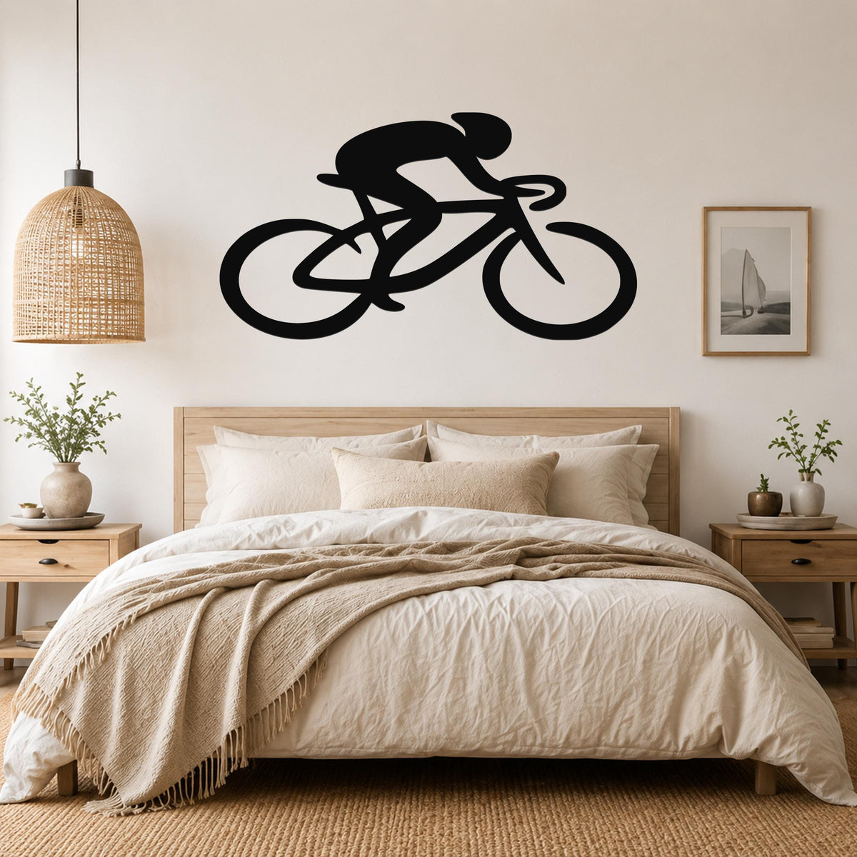Black metal wall art featuring a cyclist silhouette in motion, mounted above a bed in a neutral bedroom.