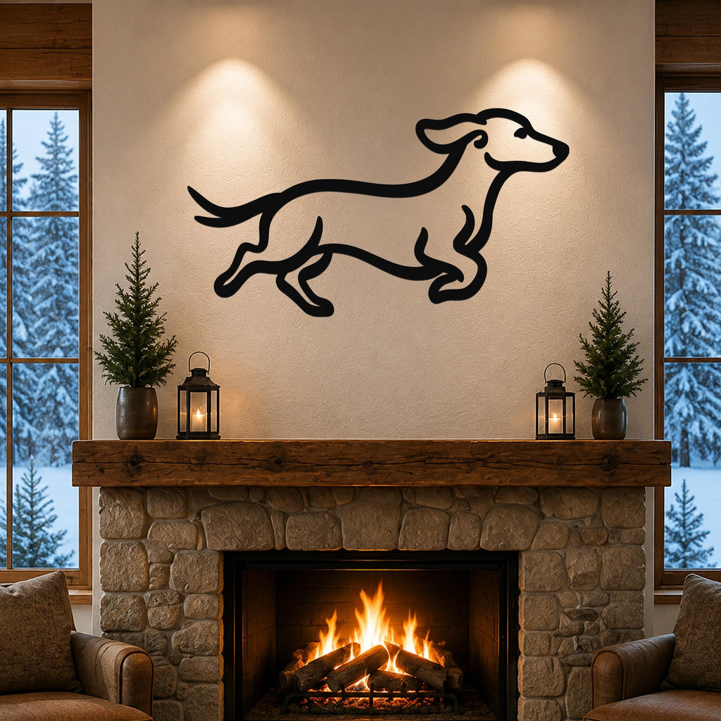 Black metal dachshund wall art with a running silhouette, mounted above a stone fireplace in a cozy living room.