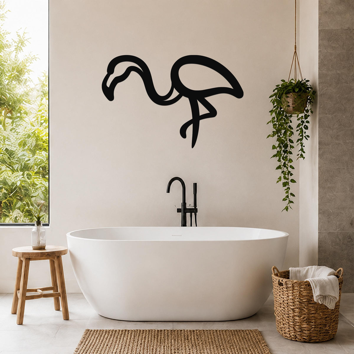 Black metal flamingo wall art silhouette mounted on a bathroom wall above a freestanding tub, with a hanging plant and woven basket nearby.