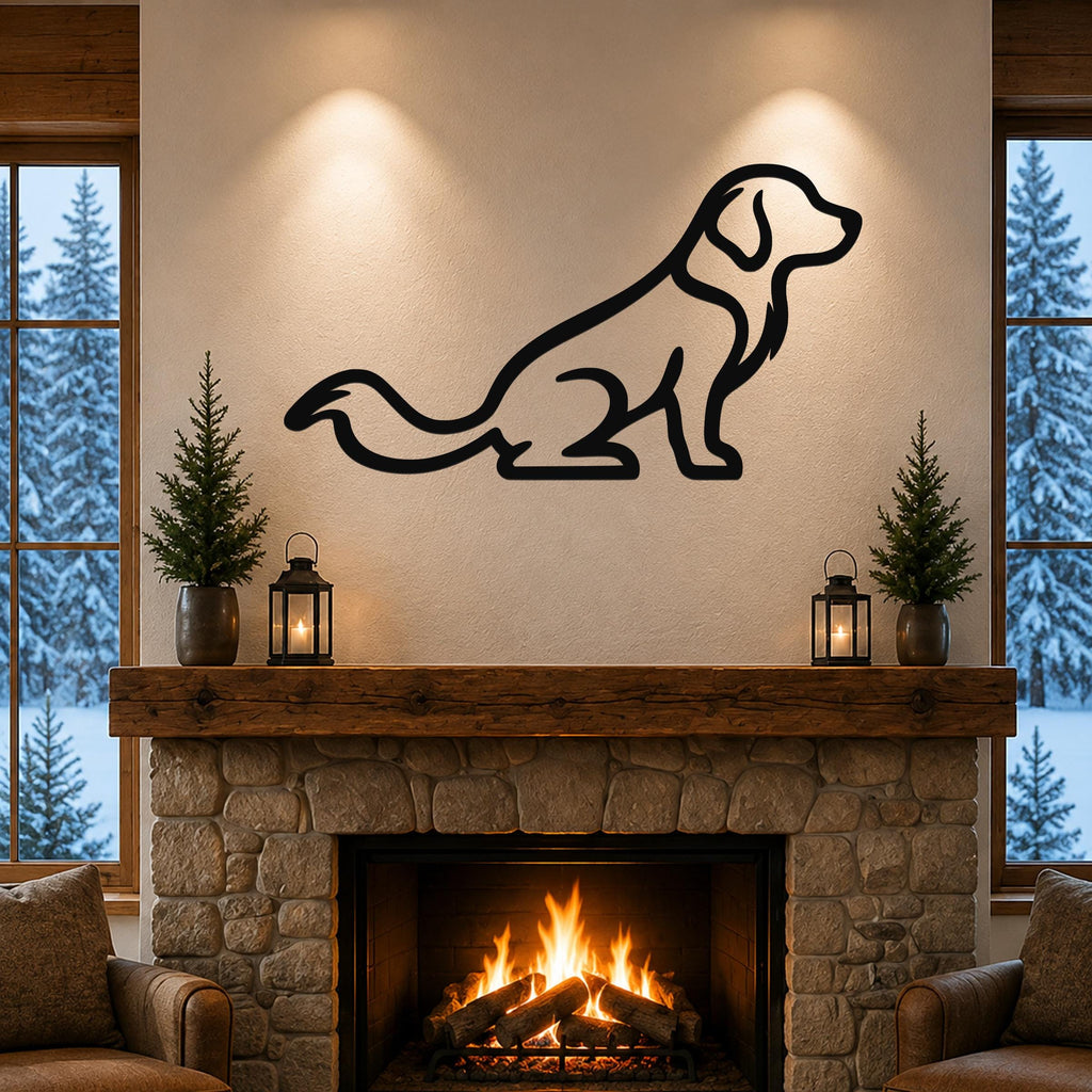 Black metal dog silhouette wall art of a sitting golden retriever, mounted above a stone fireplace in a living room with a snowy forest view.