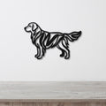 Black metal wall art of a golden retriever in a modern cutout style with internal line details, mounted on a white wall above a light wood surface.